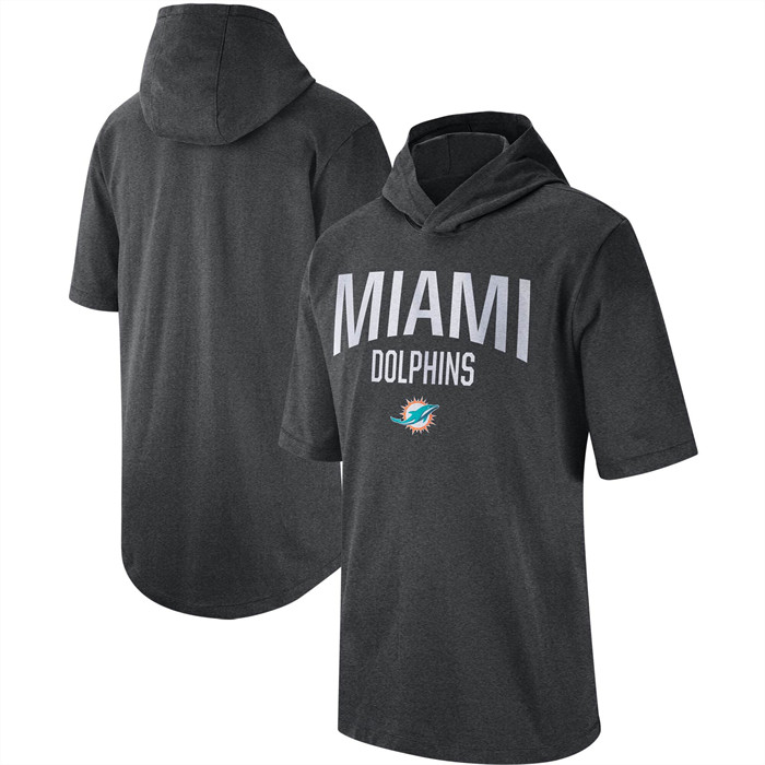 Men's Miami Dolphins Heathered Charcoal Sideline Training Hooded Performance T-Shirt